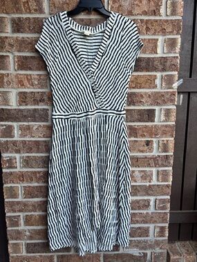 Anthropologie Maeve paladino Black & White Striped Faux-Wrap Midi Dress